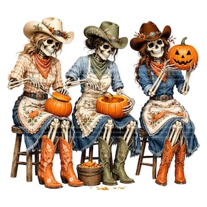 May include: Three skeletons wearing cowboy hats, bandanas, and floral aprons over denim outfits sit on wooden stools. They are carving pumpkins, with one skeleton holding a jack-o'-lantern. They wear orange and green cowboy boots, and a bucket of pumpkin seeds sits on the floor.