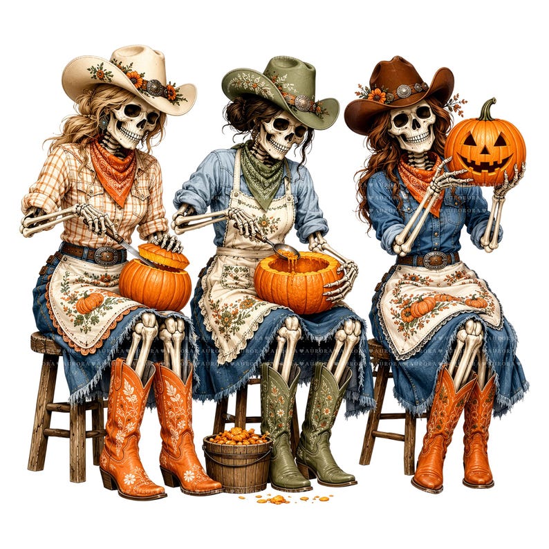 May include: Three skeletons wearing cowboy hats, bandanas, and floral aprons over denim outfits sit on wooden stools. They are carving pumpkins, with one skeleton holding a jack-o'-lantern. They wear orange and green cowboy boots, and a bucket of pumpkin seeds sits on the floor.