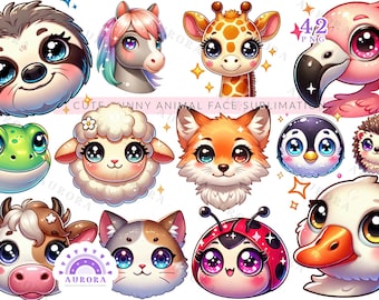 Kawaii Animal Faces Clipart, Sublimation PNG Bundle (Digital Download)
