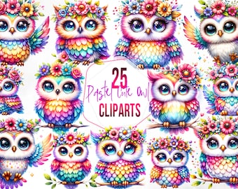 25 Watercolor Owl Clipart, Pastel Floral Baby Owls, Printable, Mug, Invitation, Craft, Digital Download