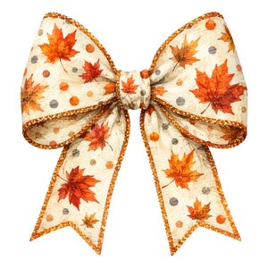 May include: A decorative bow featuring a cream-coloured background with a pattern of orange and red maple leaves interspersed with small grey and orange polka dots. The edges of the bow are finished with a thin, shimmering gold-toned trim.