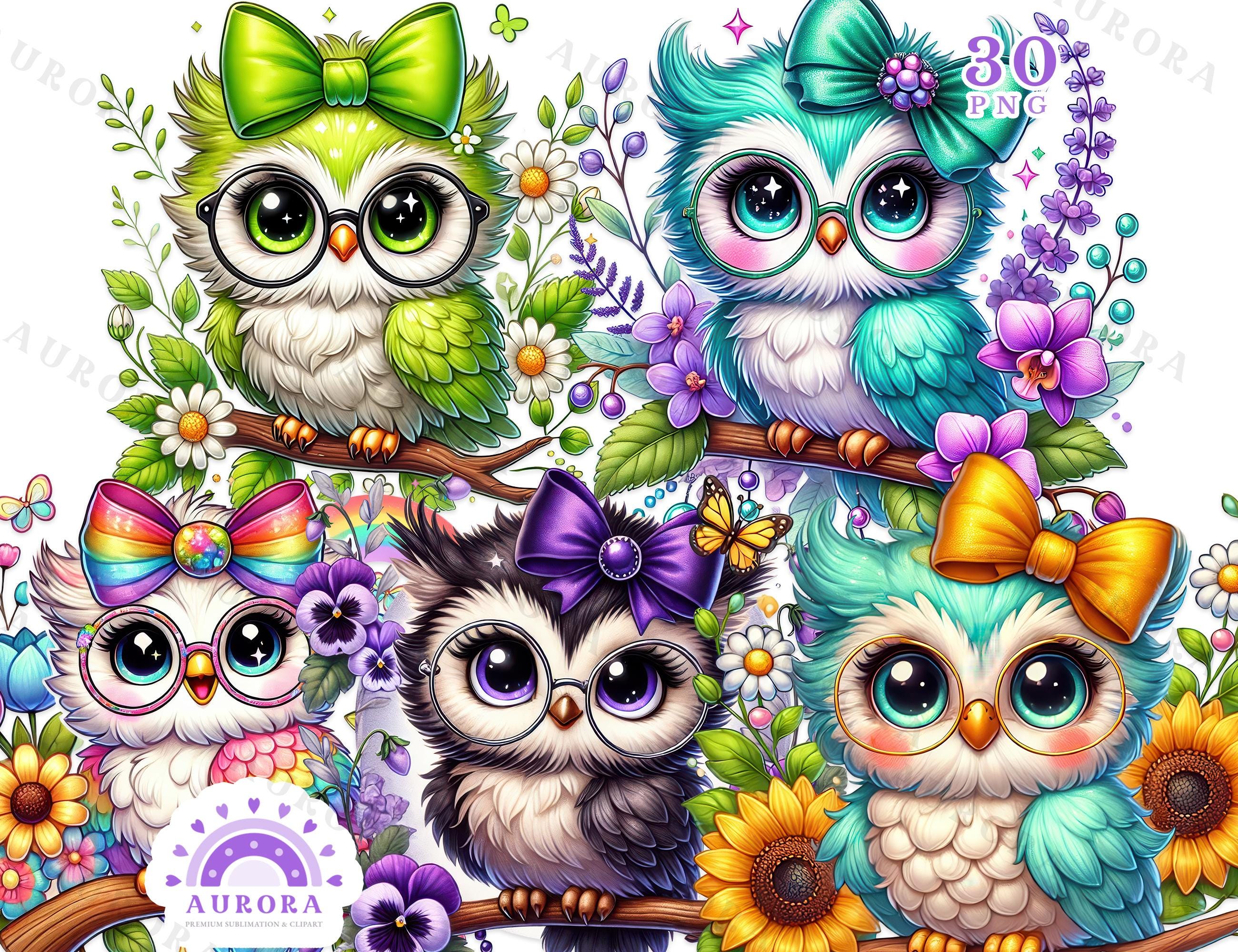 Watercolor Baby Owl Clipart Bundle, Kawaii Stickers PNG, Flowers, Bows, Floral Illustration, Kids Su