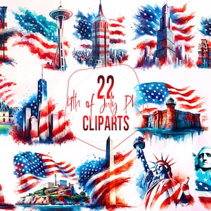 Clipart acquerello di monumenti patriottici, PNG a sublimazione del 4 luglio, grafica della bandiera americana, arte digitale degli Stati Uniti, uso commerciale