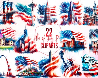 Patriotic Landmarks Watercolor Clipart, 4th of July PNG, American Flag Graphics, Commercial use