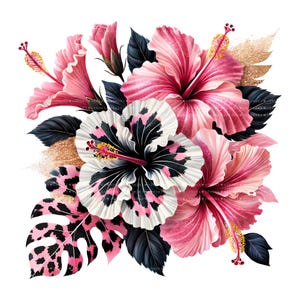 10 Pink Leopard Hibiscus PNG Bundle, Tropical Flower Clipart, Sublimation Digital Download image 8