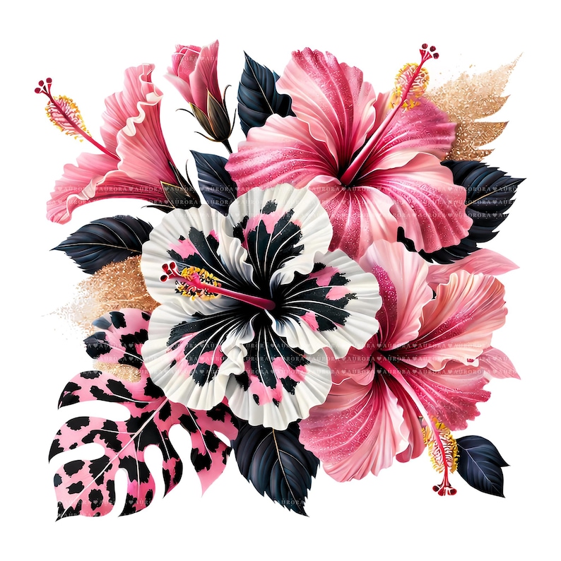 10 Pink Leopard Hibiscus PNG Bundle, Tropical Flower Clipart, Sublimation Digital Download image 8