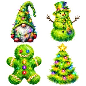 Paquete de 25 imágenes PNG navideñas verdes y esponjosas, imágenes prediseñadas de personajes retro en acuarela, luces brillantes, descarga digital.