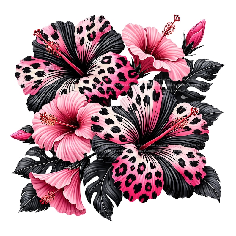 10 Pink Leopard Hibiscus PNG Bundle, Tropical Flower Clipart, Sublimation Digital Download image 9
