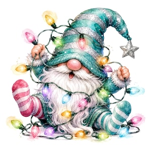 May include: A watercolor illustration of a gnome wearing a teal and silver striped hat with a silver star, tangled in a string of colorful glowing Christmas lights. The gnome has a long white beard, a pink nose, and striped socks on its feet.