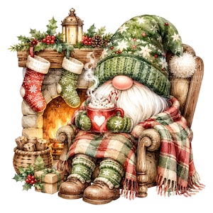 May include: A gnome with a long white beard wears a green patterned hat and sits in a chair covered by a red and green plaid blanket. The gnome holds a red mug with a heart and a candy cane. A fireplace with stockings and a lantern are behind.