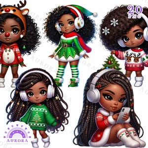 Clipart di ragazza afro chibi di Natale, ragazza afroamericana carina di Natale, ragazze nere PNG di sublimazione, moda invernale, download digitale