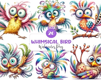 26 Whimsical Funny Bird PNG Bundle, Watercolor Birds Clipart, Colorful Bird Sublimation, Digital Download