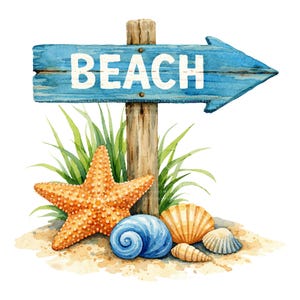 May include: A watercolour illustration of a beach signpost. The blue sign, with the word "BEACH" in white, points right. A starfish, seashells, and green grass are at the base, all on a sandy surface. The signpost is made of wood.