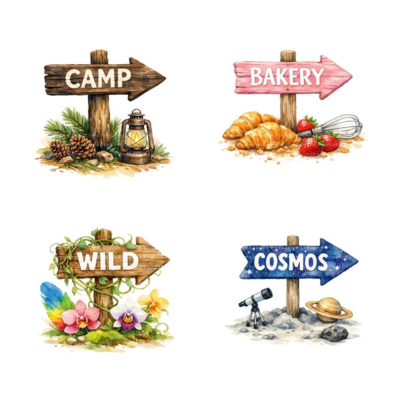 40 Watercolor Clipart, Directional Signpost PNG Bundle, Junk Journal ...