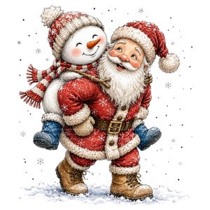 May include: A cheerful Santa Claus with a white beard and red suit with white fur trim carries a smiling snowman on his back. The snowman wears a red and white knit hat and scarf. Both figures are set against a white background with snowflakes.