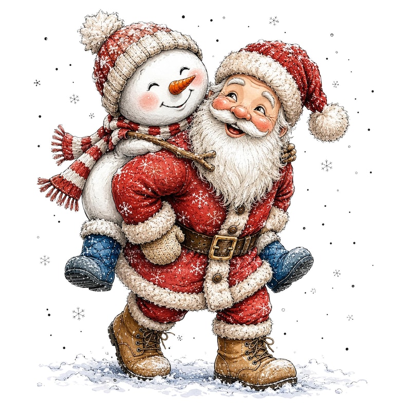 May include: A cheerful Santa Claus with a white beard and red suit with white fur trim carries a smiling snowman on his back. The snowman wears a red and white knit hat and scarf. Both figures are set against a white background with snowflakes.
