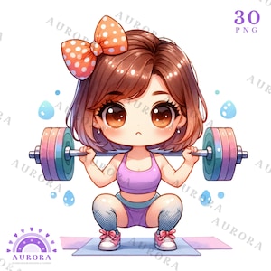 Clipart di Chibi Fitness Girl, Chibi Gym Girls, Fitness Chibi Girls, Allenamento, Planner, PNG, Pacchetto di sublimazione, Download digitale