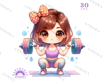 Chibi Fitness Girl Clipart, Gym Workout PNG Bundle, Sublimation Designs, Bow,Planner, Digital Download