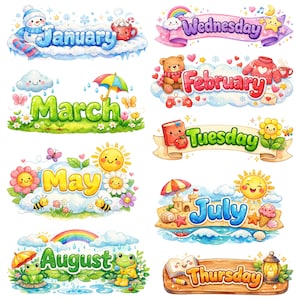 24 aquarel maanden en dagen clipart png-bundel, klaskalender prikbord afdrukbaar decor