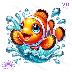 20 Marine Animal Clipart, Cute Cartoon Ocean Fish PNG, Splashing Sea Life Design, Underwater Sublimation PNG, Digital Download