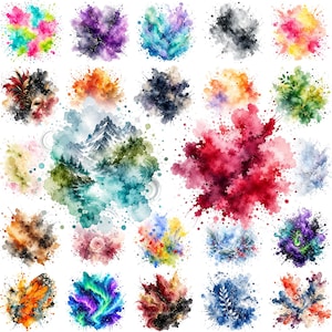 Può includere: Una collezione di venticinque illustrazioni digitali in stile acquerello che presentano vari schizzi astratti, un paesaggio montano, una maschera di carnevale, composizioni floreali, un'ala di farfalla ed elementi botanici dai colori vivaci.