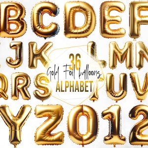 Gold Foil Balloon Alphabet Clipart, Party Letters & Numbers, Birthday, Scrapbook, Gift Card, Digital Download