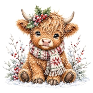 May include: A fluffy brown Highland calf with large dark eyes and curved horns, wearing a red, green, and white patterned knit scarf. The calf is adorned with a sprig of holly and red berries on its head, surrounded by snowy branches.