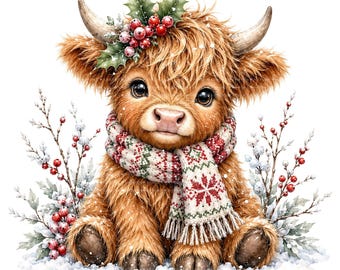 22 Christmas Highland Cow PNG Bundle, Watercolor Holiday Clipart, Festive Sublimation Designs, Digital Download