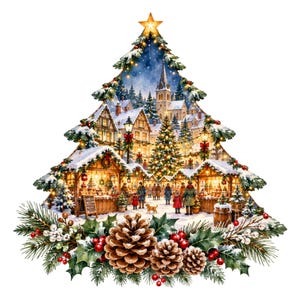 May include: A Christmas tree-shaped illustration featuring a snowy village scene with market stalls, people, and a dog. The base is decorated with green pine branches, holly leaves, red berries, and three large brown pinecones.