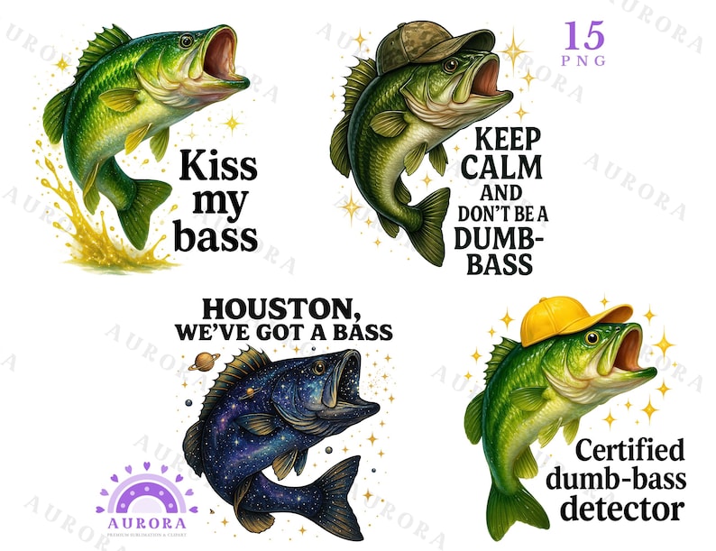 Funny Bass Fishing Clipart Bundle, Sublimation Designs, Quotes, Anglers