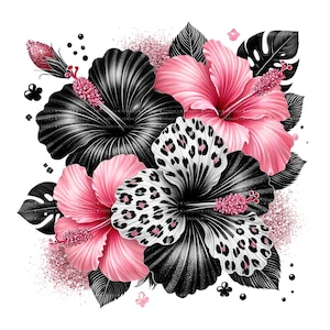10 Pink Leopard Hibiscus PNG Bundle, Tropical Flower Clipart, Sublimation Digital Download image 2