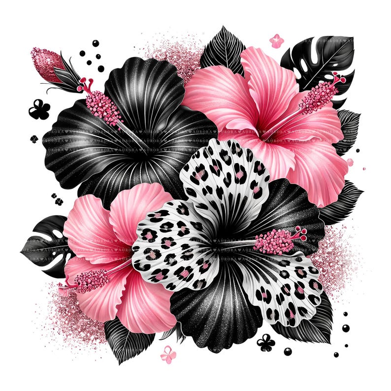 10 Pink Leopard Hibiscus PNG Bundle, Tropical Flower Clipart, Sublimation Digital Download image 2