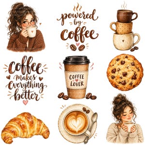 Puede incluir: Un conjunto de ilustraciones digitales con temática de café: una persona con suéter marrón sosteniendo una taza, el texto "powered by coffee", una pila de tres tazas, el texto "coffee makes everything better", un vaso con "COFFEE LOVER", una galleta con chispas de chocolate, un croissant y una vista superior de un latte con un diseño de corazón.