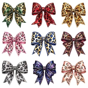 May include: Nine decorative bows with a leopard print pattern in various colors, including green, red, gold, pink, blue, and black. Each bow is intricately designed with detailed textures and a classic bow shape, suitable for crafts or gift wrapping.