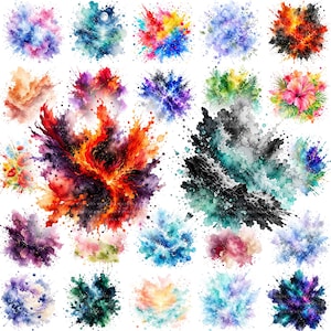 Op de afbeelding: Een collectie van vijfentwintig verschillende aquarelspatontwerpen met levendige explosies van kleur, waaronder bloemmotieven, abstracte vuurachtige motieven, diepblauwe nachtelijke luchten en weelderige groene bladeren op een witte achtergrond.