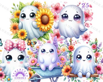 Watercolor Floral Ghost Clipart, Spooky Sublimation PNG, Kawaii Pastel T-Shirt Art, Stickers, Digital Download