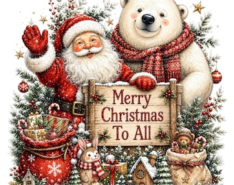 May include: Santa Claus in a red suit and a white polar bear wearing a red patterned scarf stand behind a wooden sign that reads Merry Christmas To All. The scene includes a red gift sack, a small rabbit, a teddy bear, and pine branches.