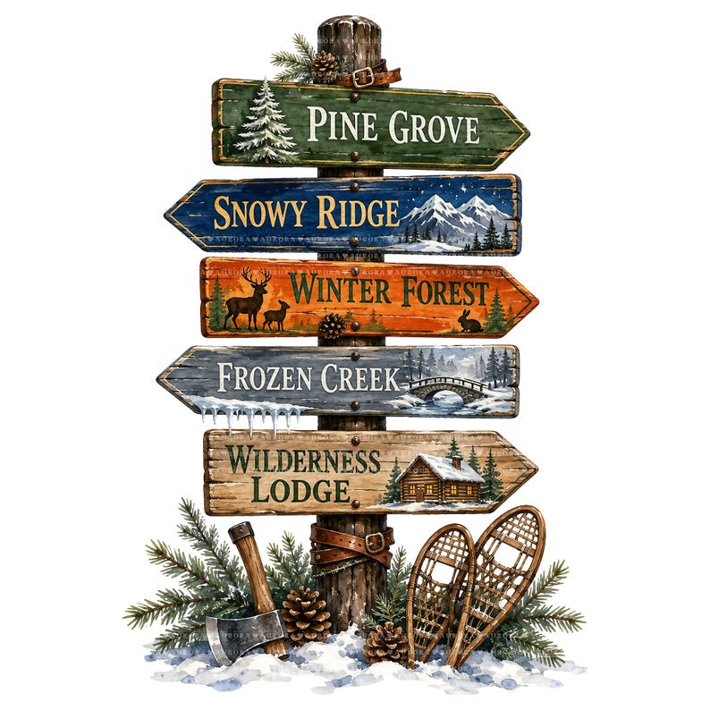 May include: A vertical wooden signpost featuring five directional arrows labeled Pine Grove, Snowy Ridge, Winter Forest, Frozen Creek, and Wilderness Lodge. The base includes a metal axe, two wooden snowshoes, pine branches, and pinecones.