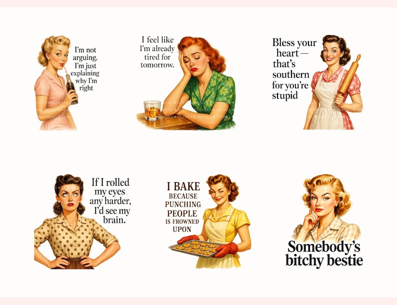 Retro Housewife PNG Bundle, Sarcastic Women Quotes, 1950s Humor Clipart, Mugs, shirts, Instant Download image 8
