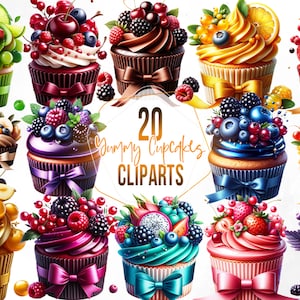 20 imágenes prediseñadas de cupcakes de lujo de acuarela, deliciosos diseños de cupcakes, imágenes prediseñadas de pastel de taza floral PNG, - Descarga instantánea para uso comercial