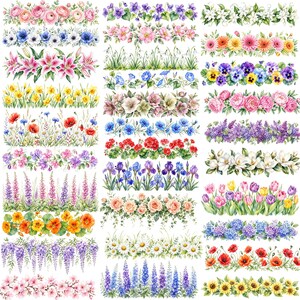 May include: A collection of watercolor floral borders featuring various flowers such as roses, lilies, tulips, and sunflowers. The borders are in a variety of colors, including pink, purple, yellow, and orange. The image is a decorative design element.