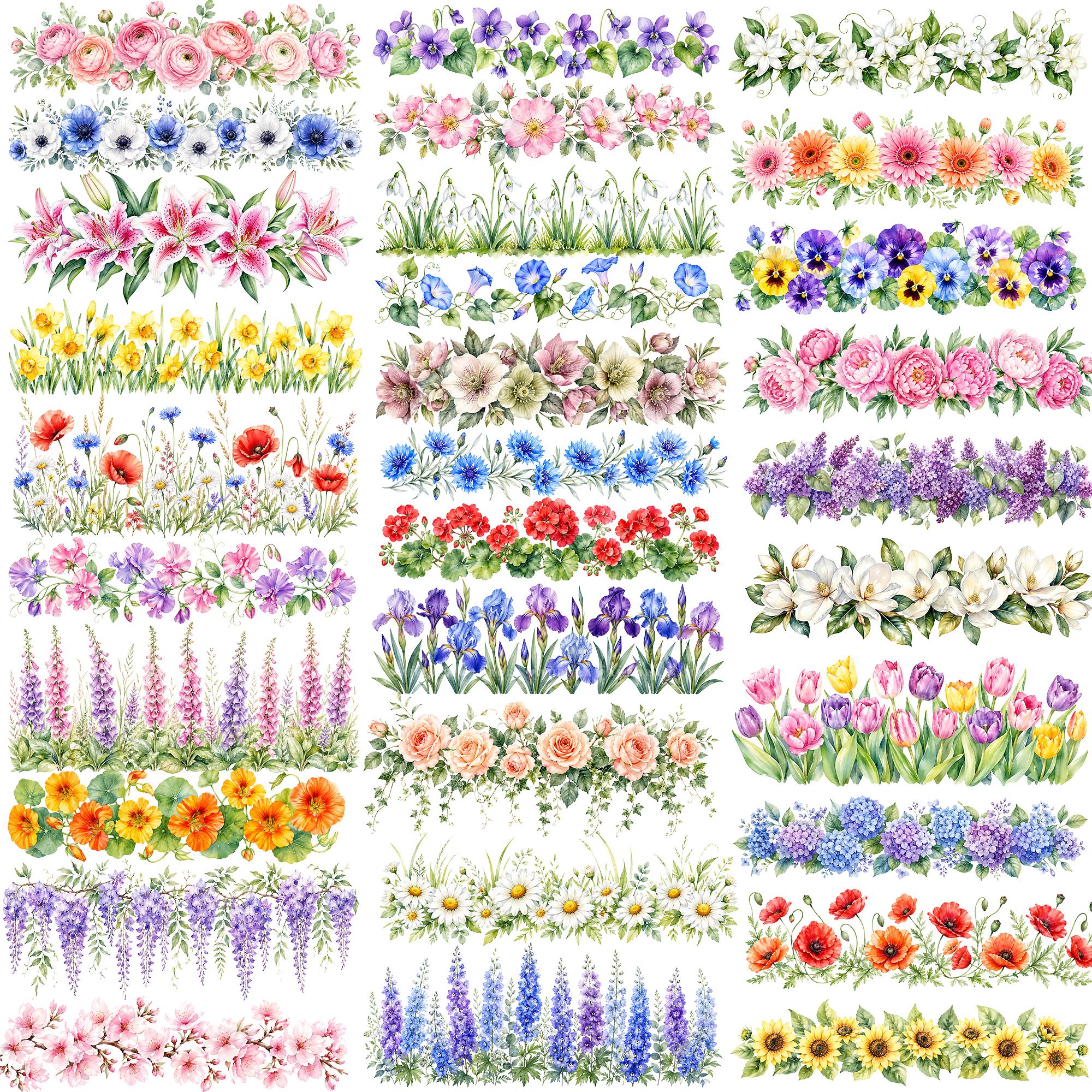 40 Watercolor Floral Border Clipart, Botanical Flower Headers ...