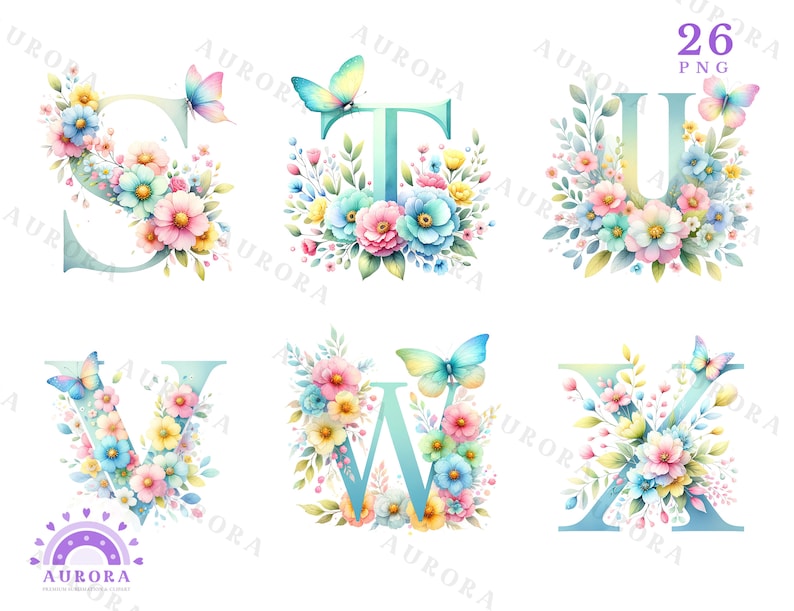 Pu&ograve; includere: Un set di 26 lettere dell'alfabeto ad acquerello con disegni floreali e farfalle. Le lettere sono di colore azzurro chiaro con un contorno bianco. I fiori sono in tonalit&agrave; di rosa, giallo e blu. Le farfalle sono in tonalit&agrave; di blu e viola.