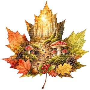 Op de afbeelding: Een esdoornbladvorm met een bosscène, een zonnig pad, pootafdrukken, rood-witte stippenpaddenstoelen, dennenappels, een eikel en rode bessen in herfstkleuren zoals oranje, geel en groen over het gehele oppervlak van het blad.