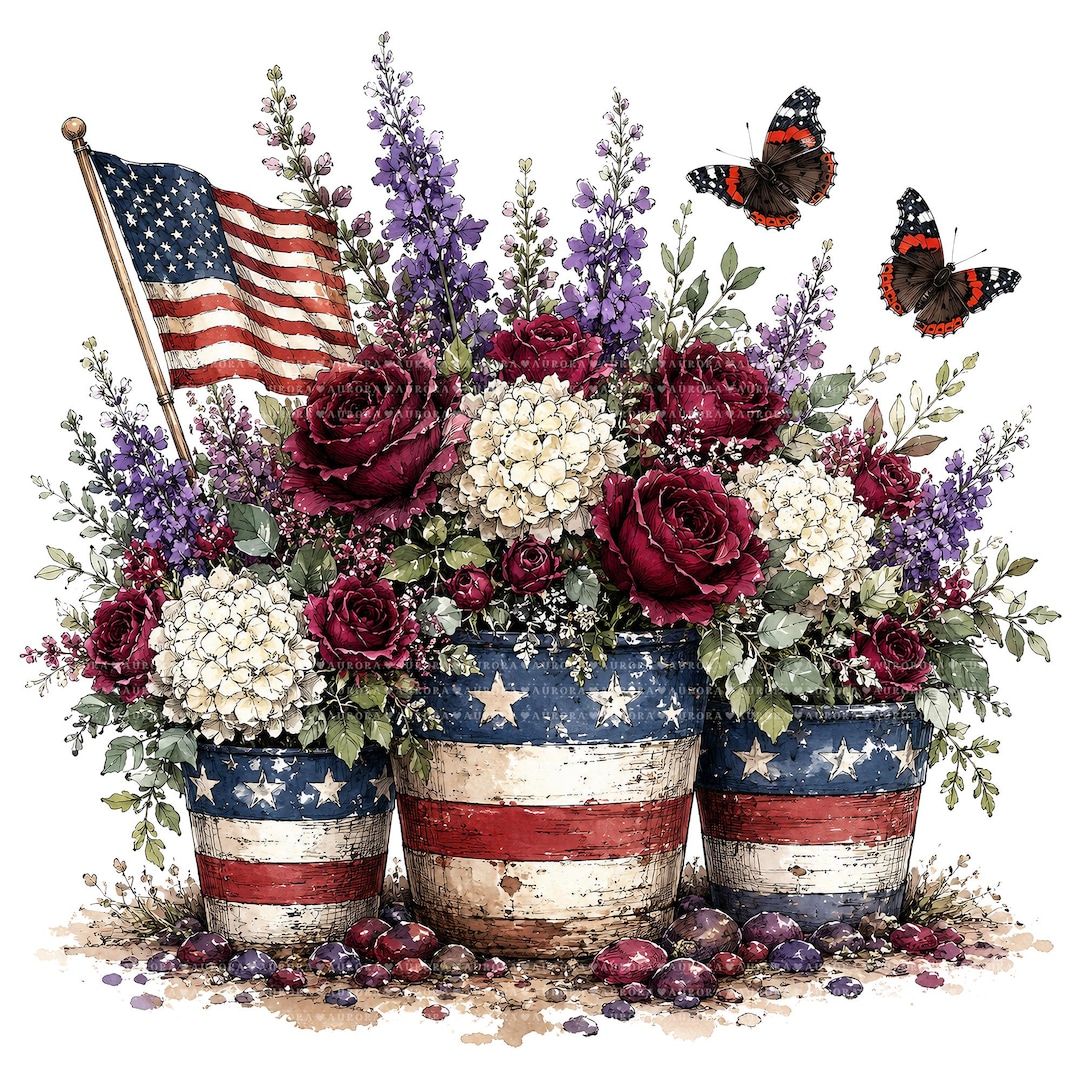 22 Rustic Patriotic Floral Bouquets PNG, 4th of July Watercolor Clipart ...