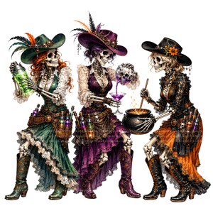 May include: Three skeletons dressed in ornate Victorian-style clothing and cowboy hats. One holds a green glowing shaker, another pours purple liquid from a skull into a glass, and the third stirs a black cauldron with a wooden spoon.