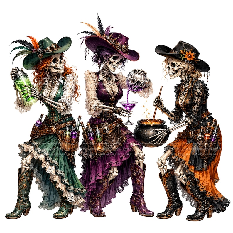 May include: Three skeletons dressed in ornate Victorian-style clothing and cowboy hats. One holds a green glowing shaker, another pours purple liquid from a skull into a glass, and the third stirs a black cauldron with a wooden spoon.