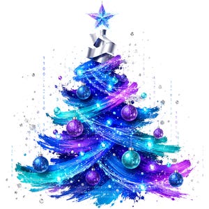 May include: A stylized Christmas tree illustration featuring vibrant blue, purple, and teal brushstrokes. The tree is decorated with glowing spherical ornaments and topped with a geometric star. Binary code digits and sparkling dots surround the tree.