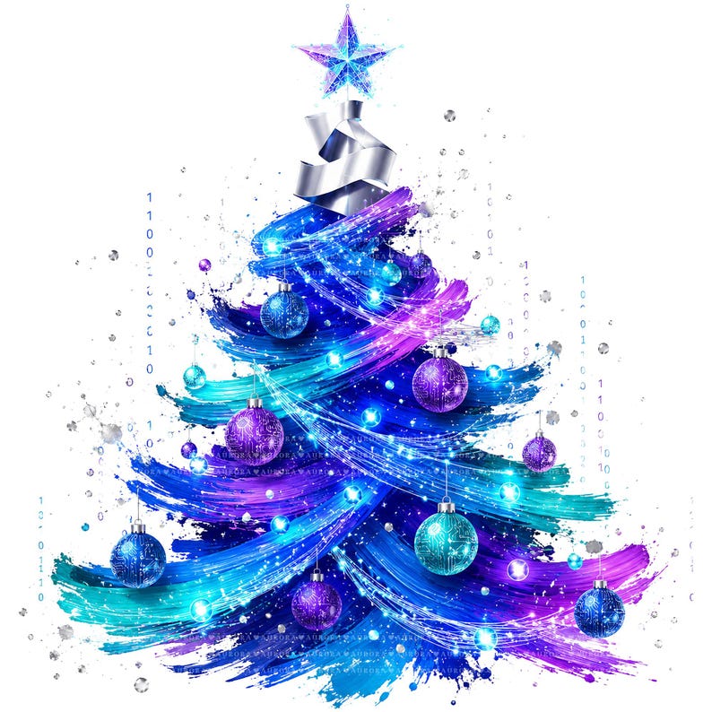 May include: A stylized Christmas tree illustration featuring vibrant blue, purple, and teal brushstrokes. The tree is decorated with glowing spherical ornaments and topped with a geometric star. Binary code digits and sparkling dots surround the tree.