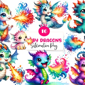 16 Cute Baby Dragon PNG, Fire Breathing Dragons Clipart, Watercolor Baby Dragons, Instant Download, Commercial Use